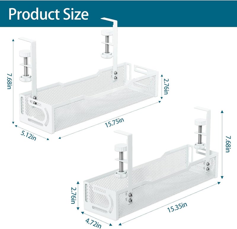 Ucanng 2Pack Under Desk Cable Management Tray, No Drill Mesh Desk Cable Tray, Wire Management Tray Cable Management Rack, Wire Organizer and Cable Management Box (White) - Image 2